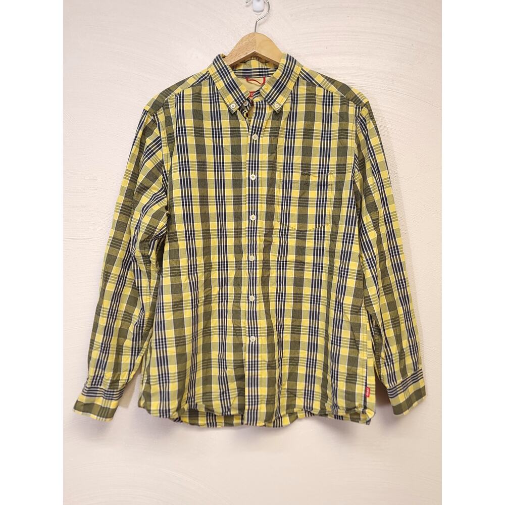 Izod Button Up Shirt Size L Slim Fit XL Plaid Yellow Black Mens Collared